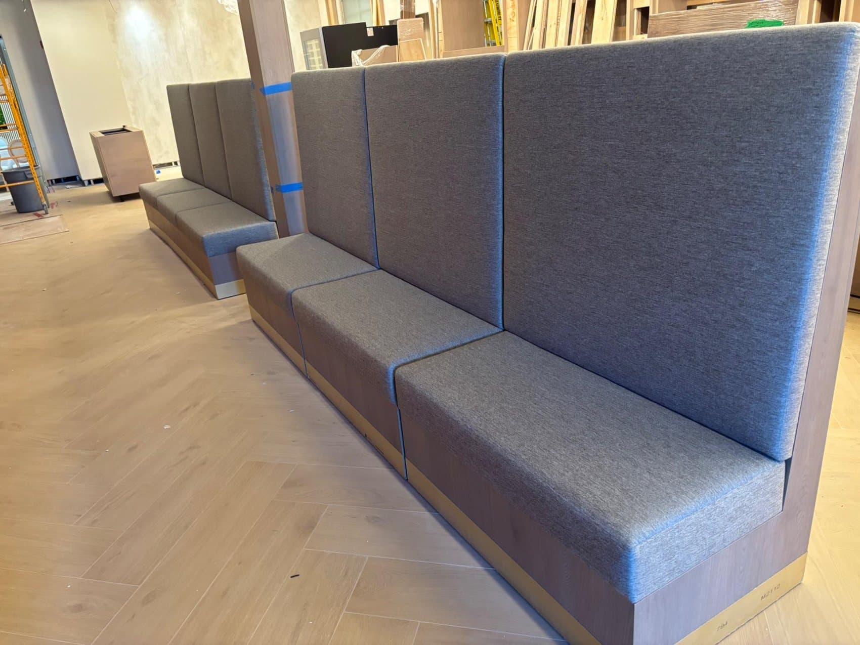 A commercial banquette under construction in the A.P Craft workshop